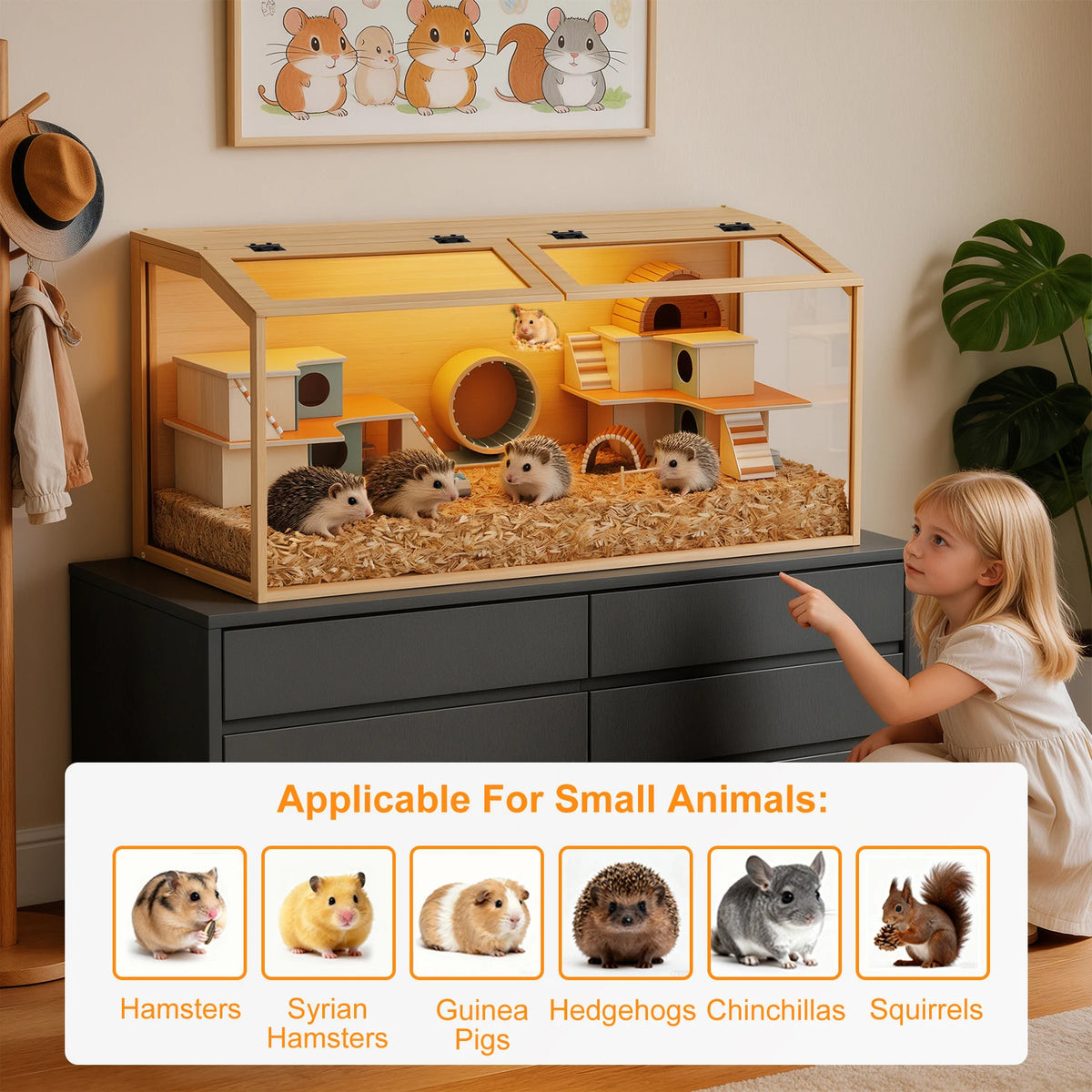 Wooden Hamster Cage With Glass Panels And LED Light