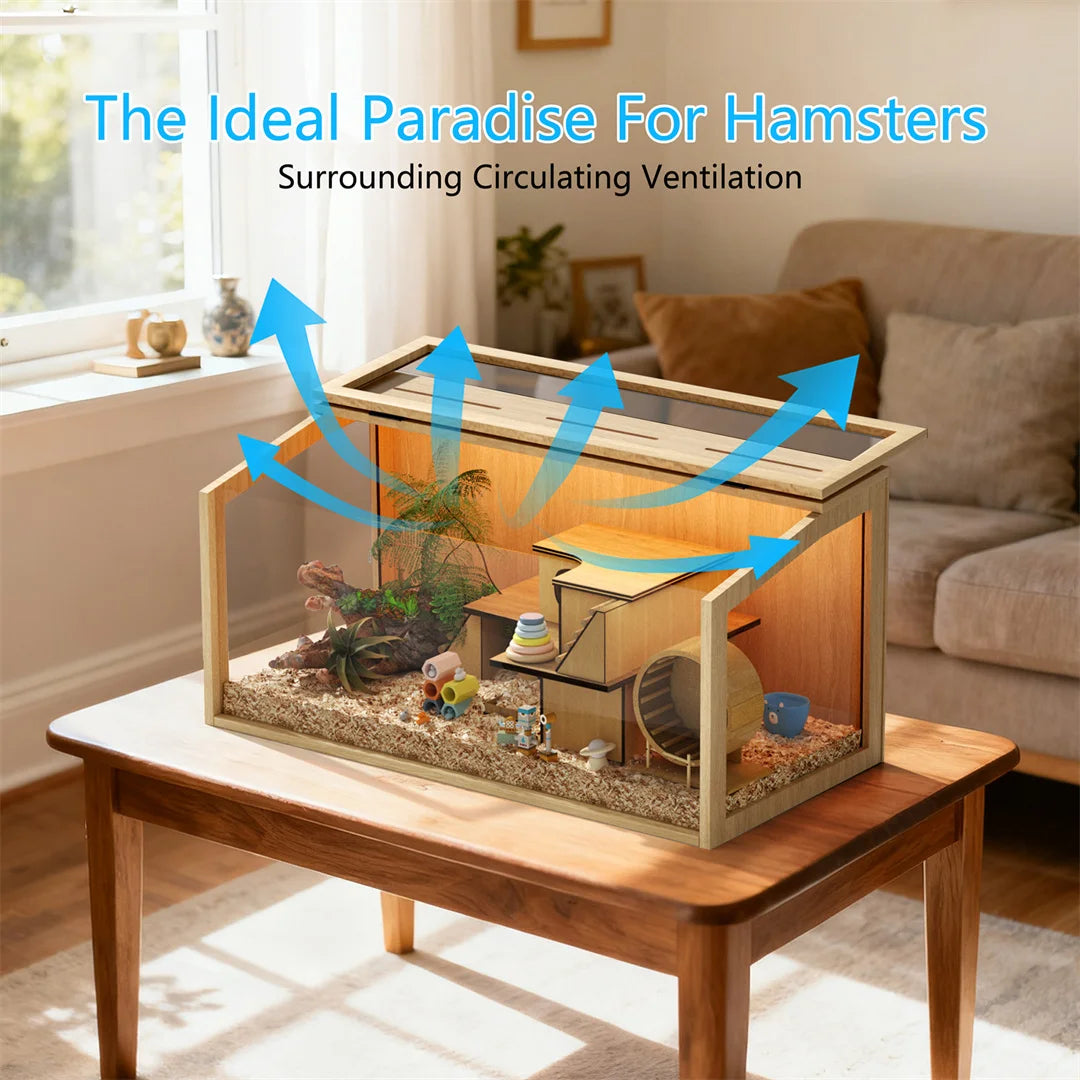 Wooden Hamster Cage With Glass Panels And LED Light