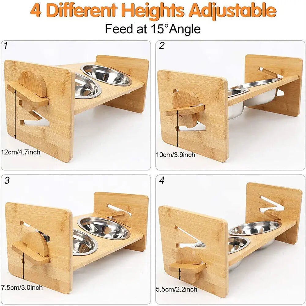Adjustable Bamboo Dog Feeding Station With Steel Bowls