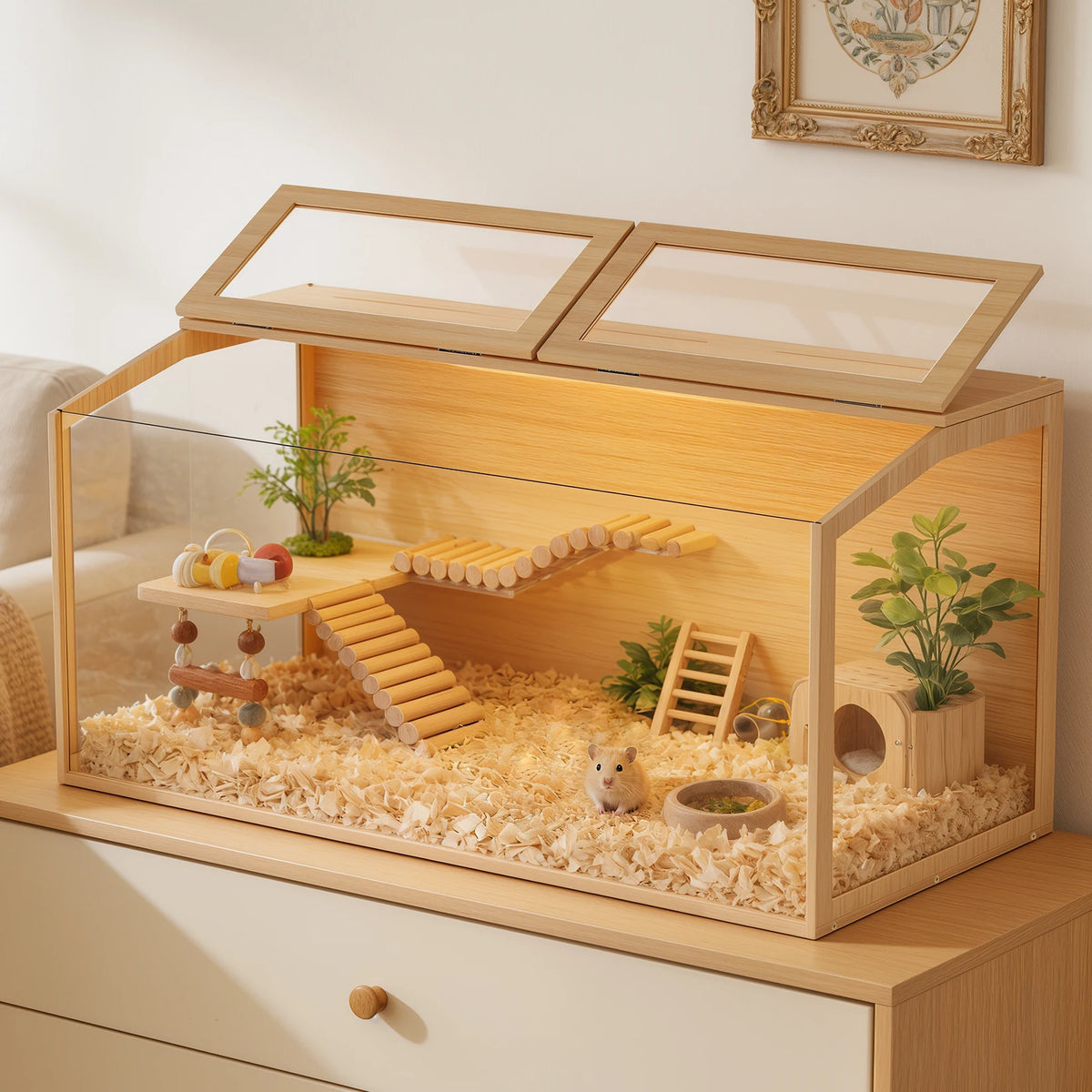 Wooden Hamster Cage With Glass Panels And LED Light