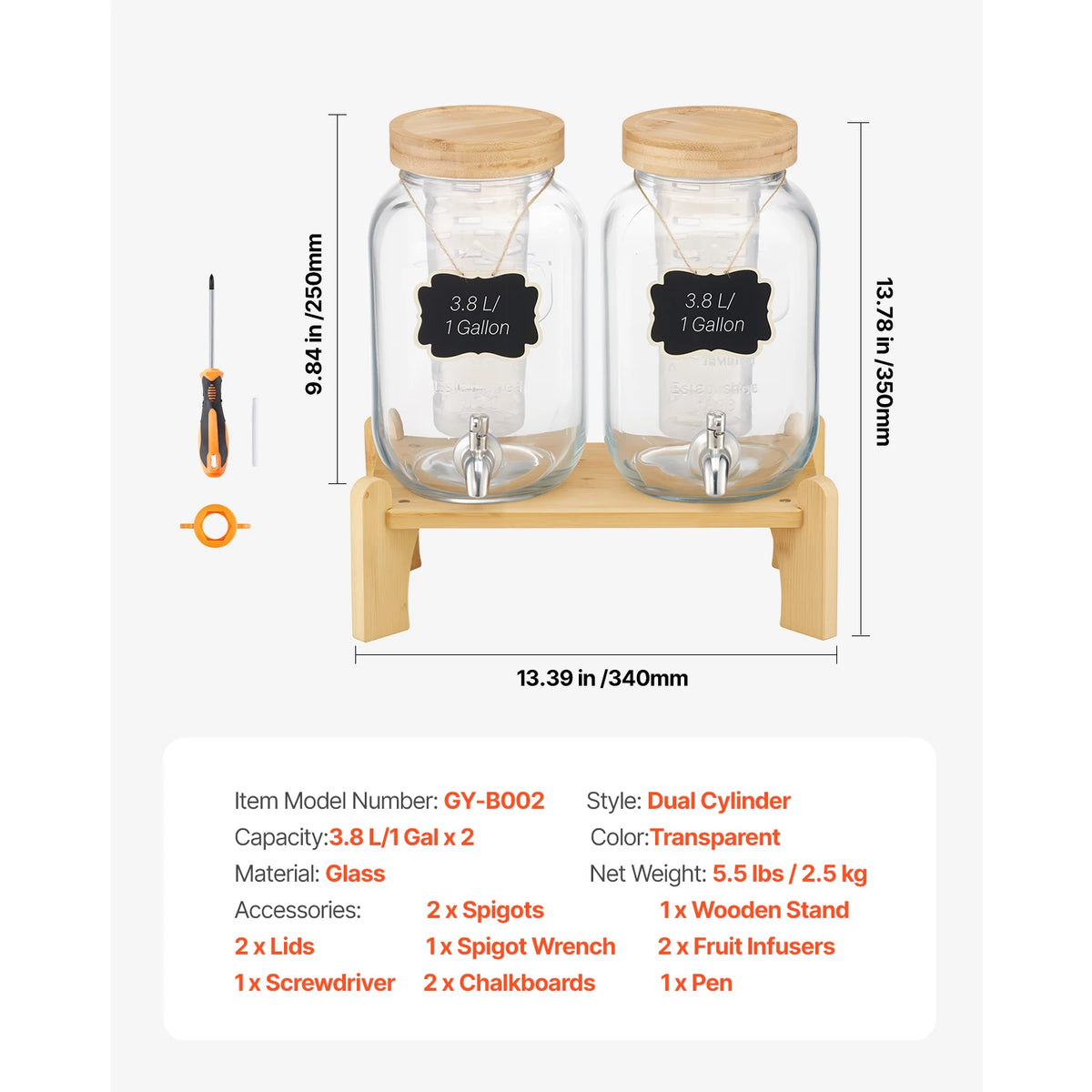 SucceBuy Beverage Dispenser Drink Dispensers for Parties Glass Juice Dispenser with Wood Stand Lemonade Juice Water Dispensers