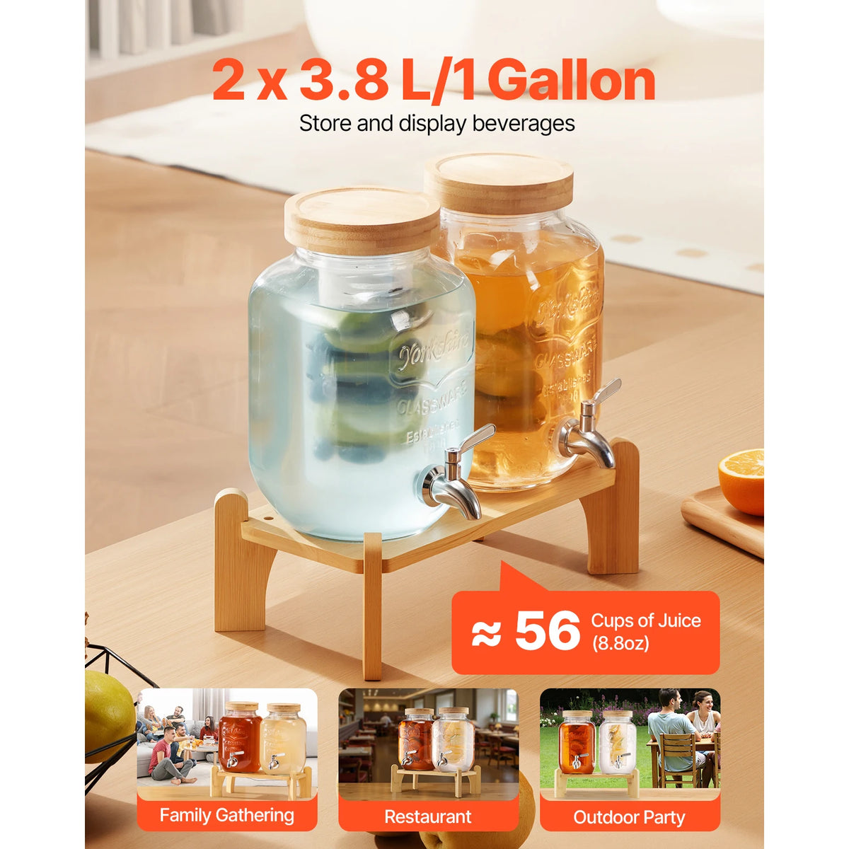 SucceBuy Beverage Dispenser Drink Dispensers for Parties Glass Juice Dispenser with Wood Stand Lemonade Juice Water Dispensers