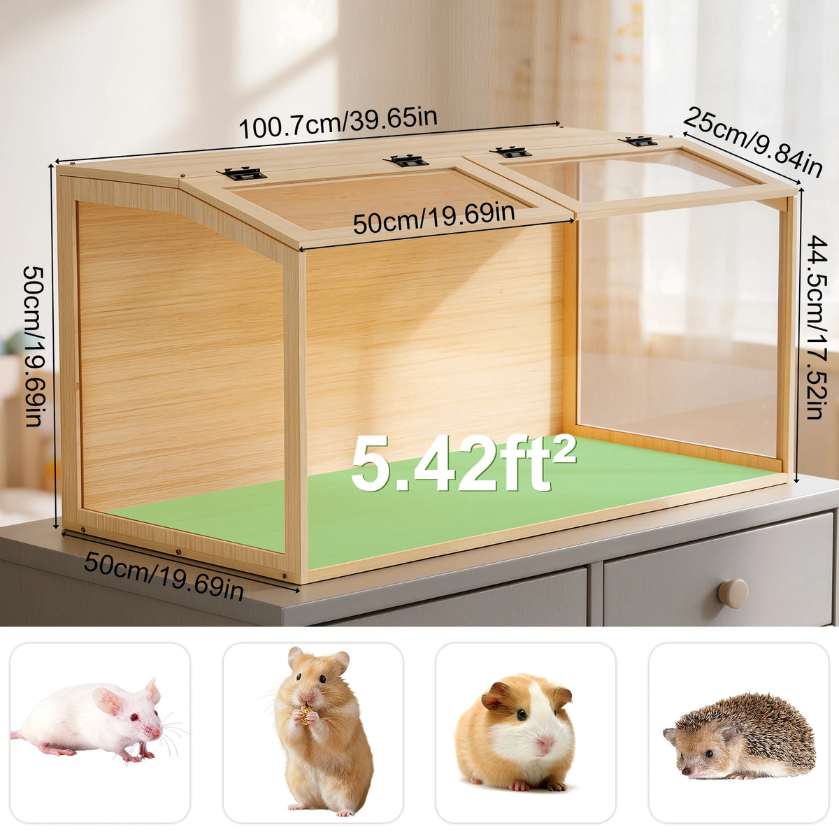 Wooden Hamster Cage With Glass Panels And LED Light