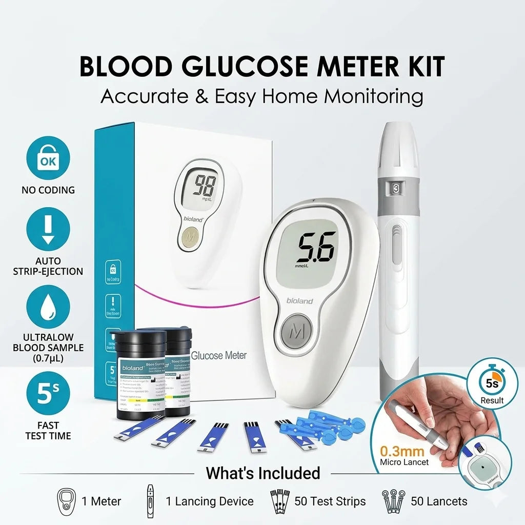 Blood Glucose Meter Kit Blood Sugar Monitor with Test Strips Lancets and Lancing Device Auto Coding 0.7μL Small Blood Sample 5 Second Fast Reading Large LCD Easy Strip Ejection Portable Home Testing Kit for Adults Seniors Da
