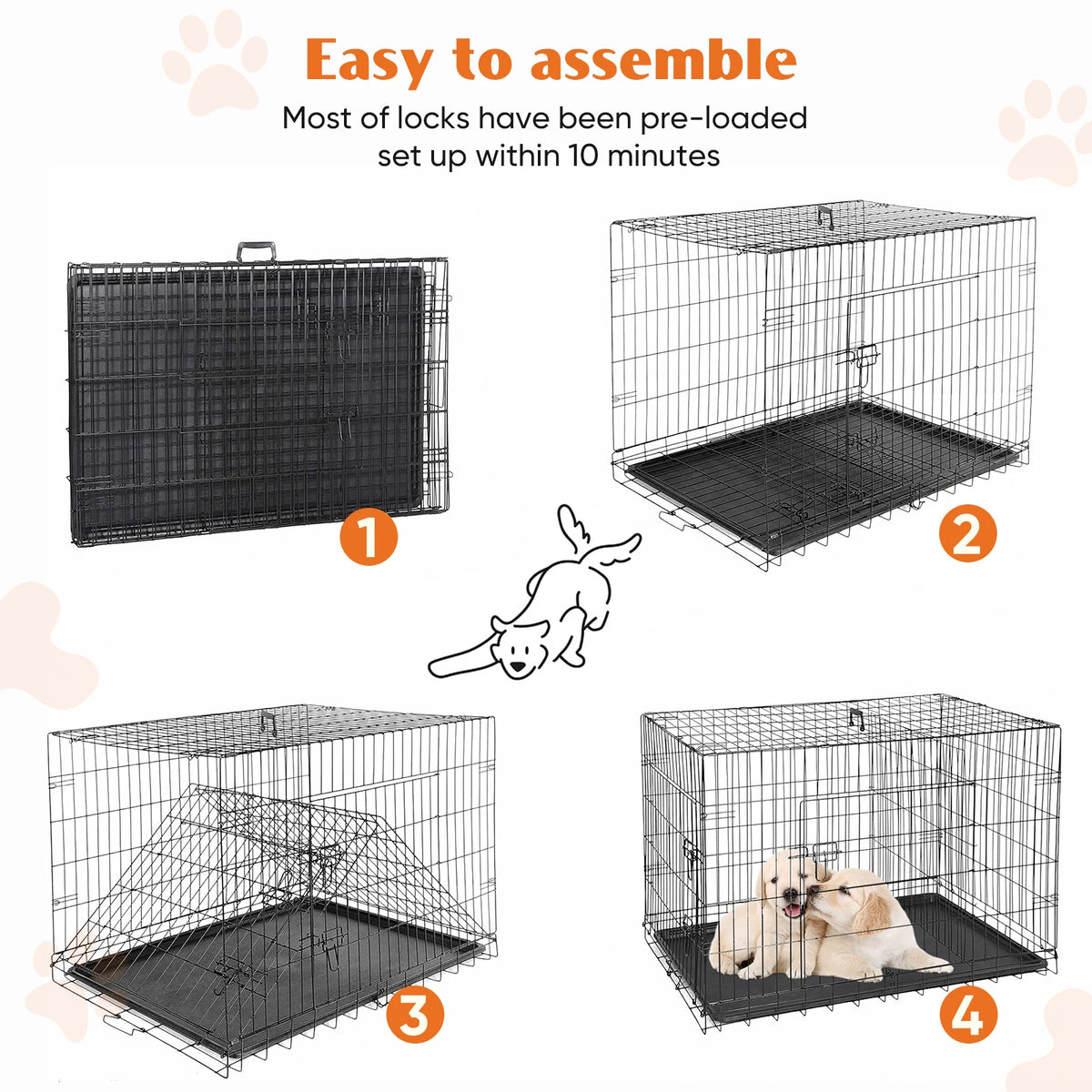 Jhk Double Door Metal Dog Crate With Leakproof Tray