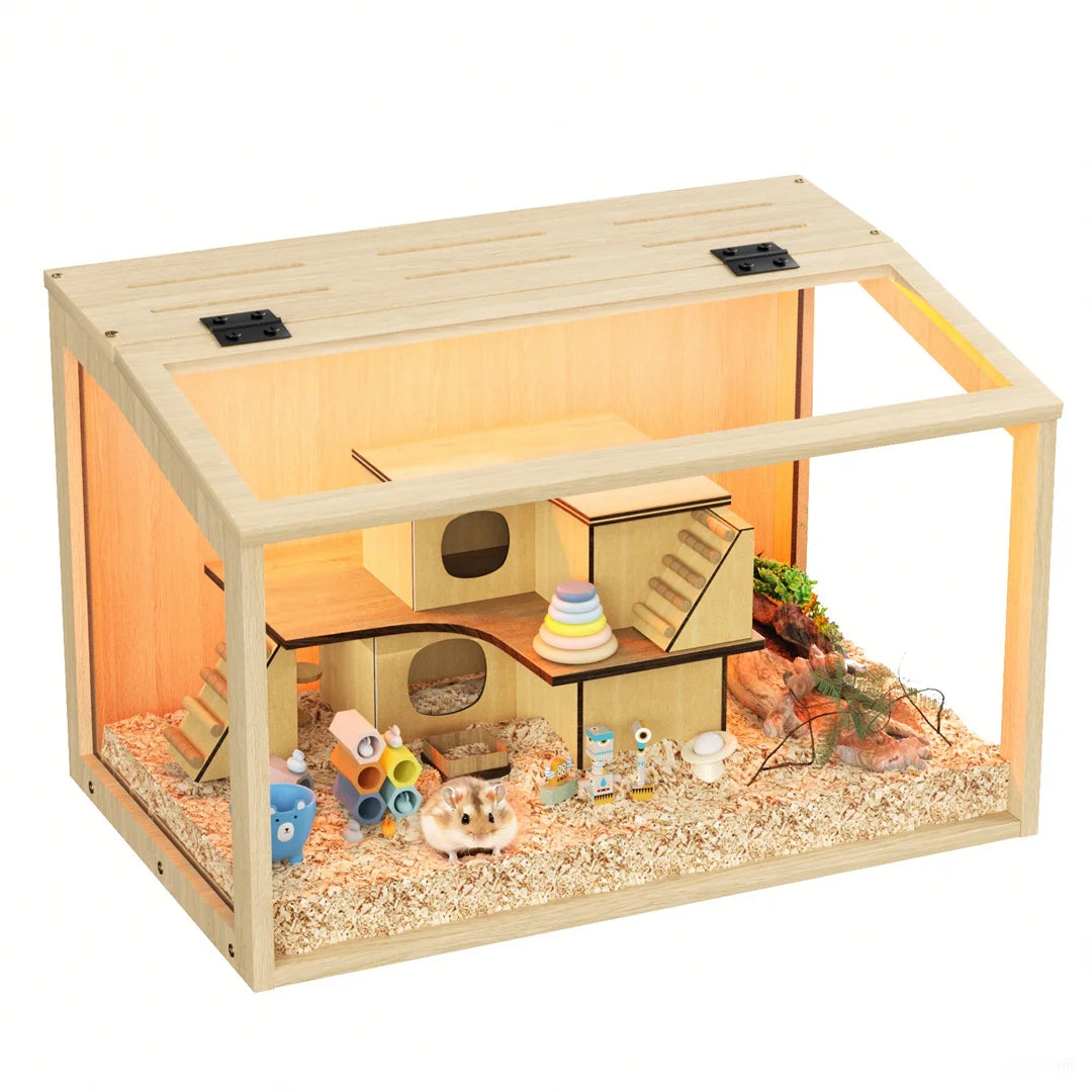Wooden Hamster Cage With Glass Panels And LED Light