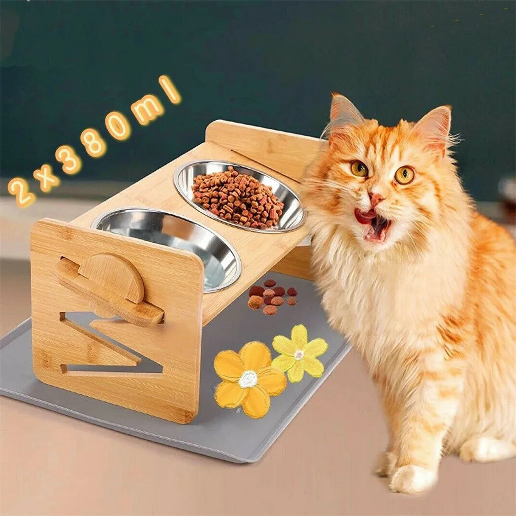 Adjustable Bamboo Dog Feeding Station With Steel Bowls