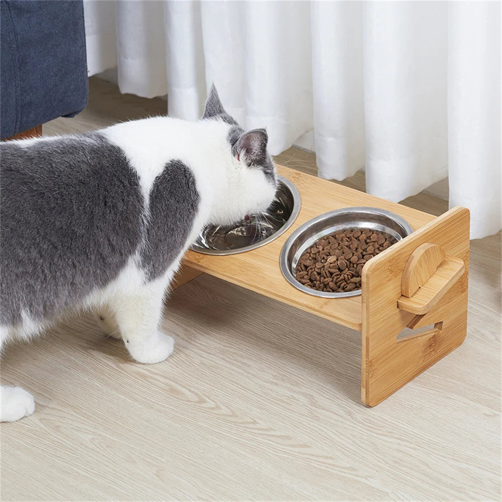 Adjustable Bamboo Dog Feeding Station With Steel Bowls