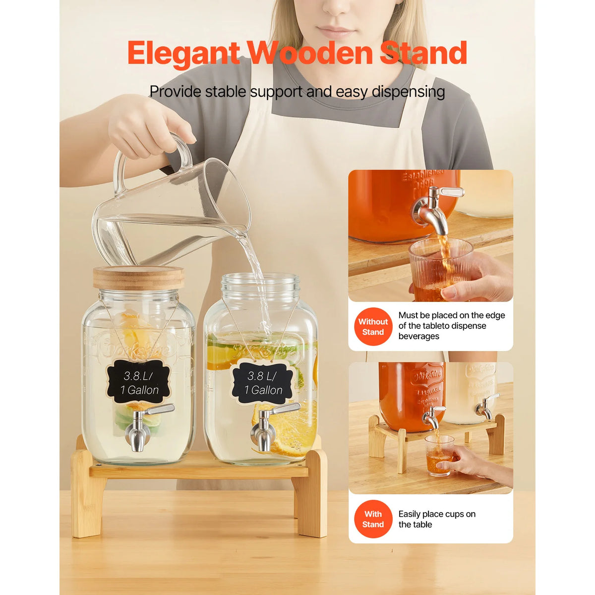 SucceBuy Beverage Dispenser Drink Dispensers for Parties Glass Juice Dispenser with Wood Stand Lemonade Juice Water Dispensers