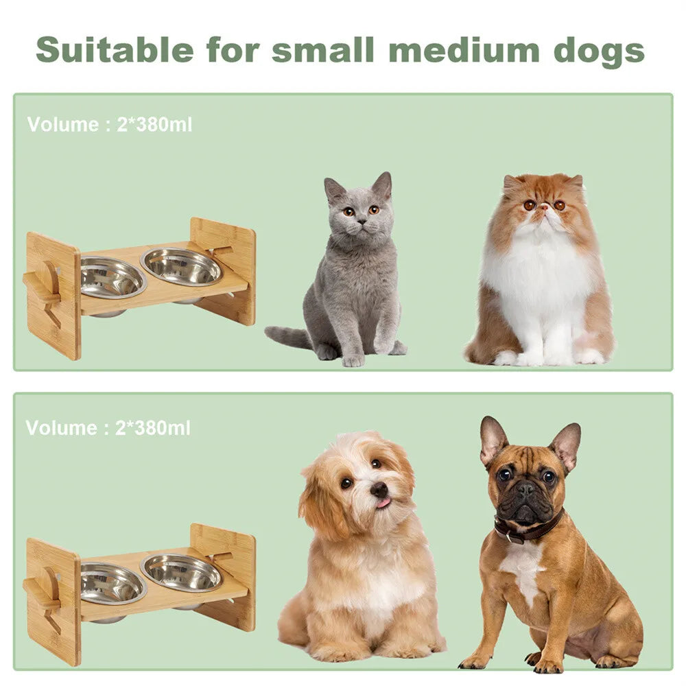 Adjustable Bamboo Dog Feeding Station With Steel Bowls
