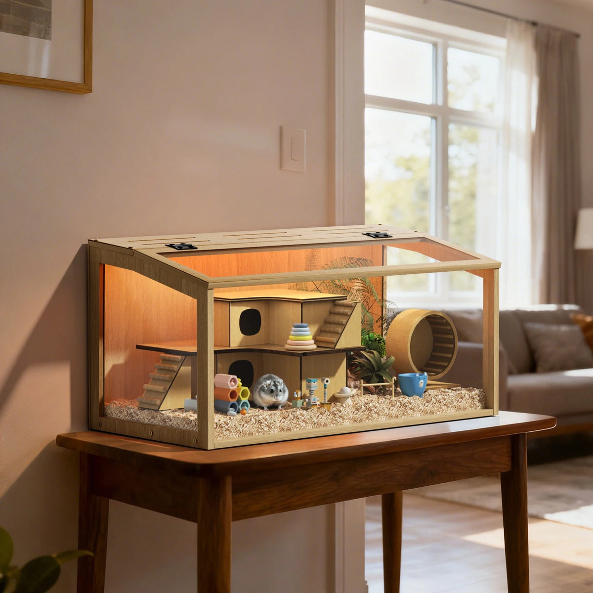 Bingopaw Wooden Hamster Cage With Glass Lid