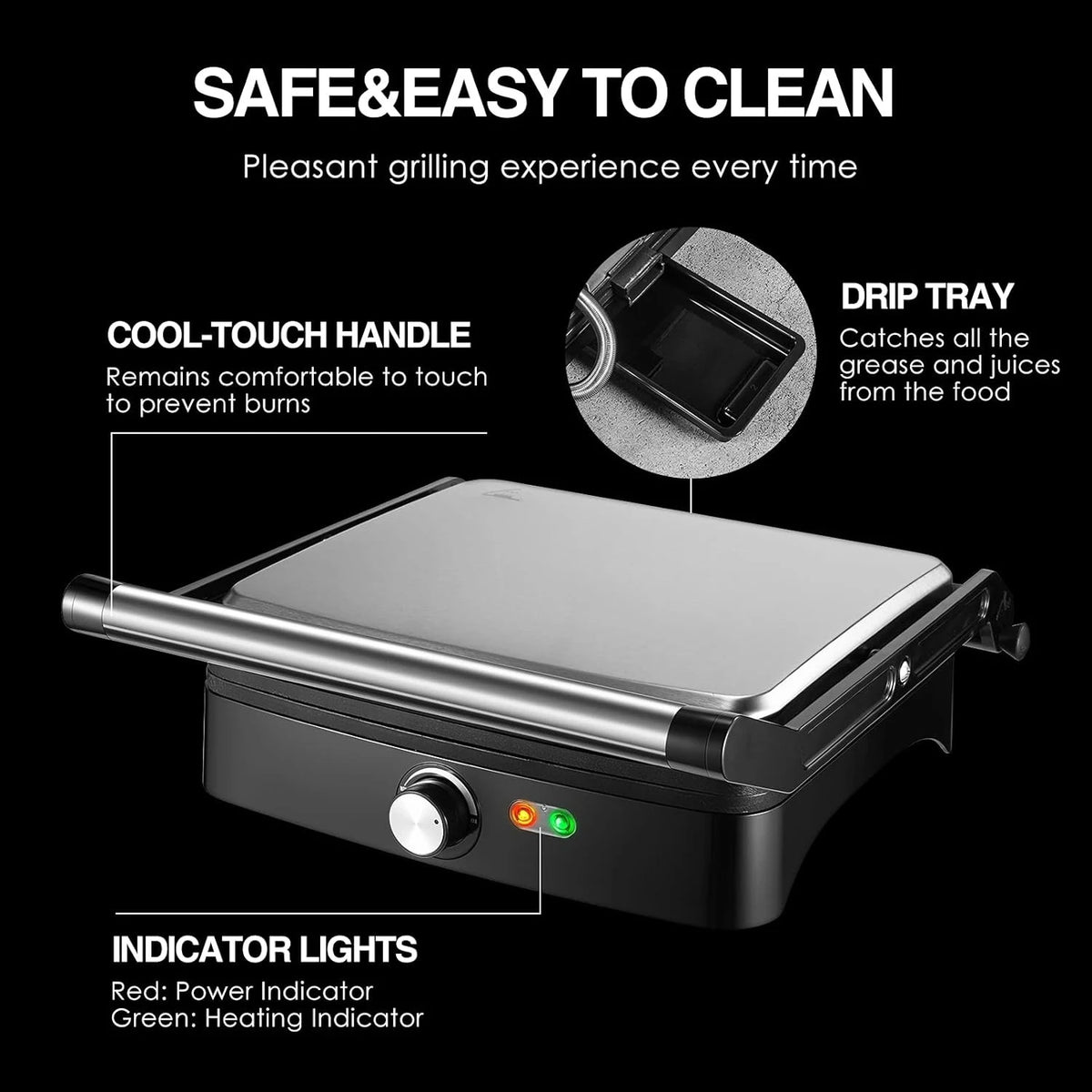 1200W Panini Press Grill with Adjustable Temperature, 4-Slice Indoor Grill, 180° Open Sandwich Maker with Drip Tray