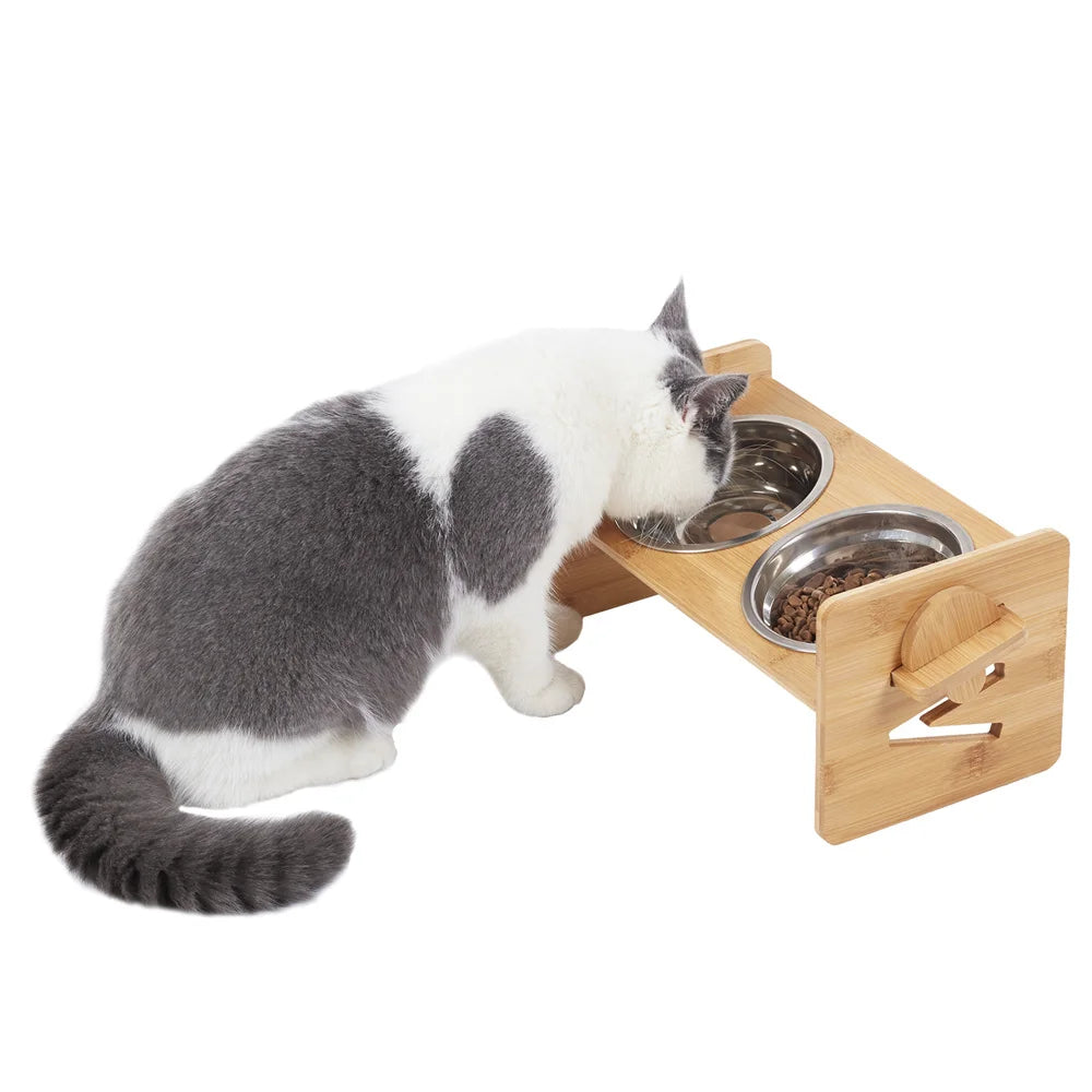 Adjustable Bamboo Dog Feeding Station With Steel Bowls