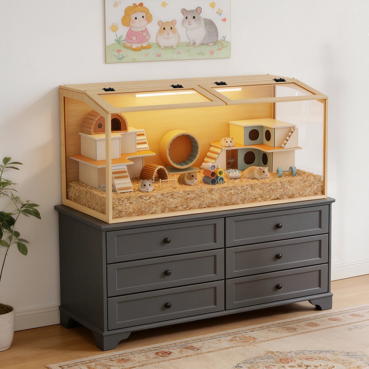 Wooden Hamster Cage With Glass Panels And LED Light