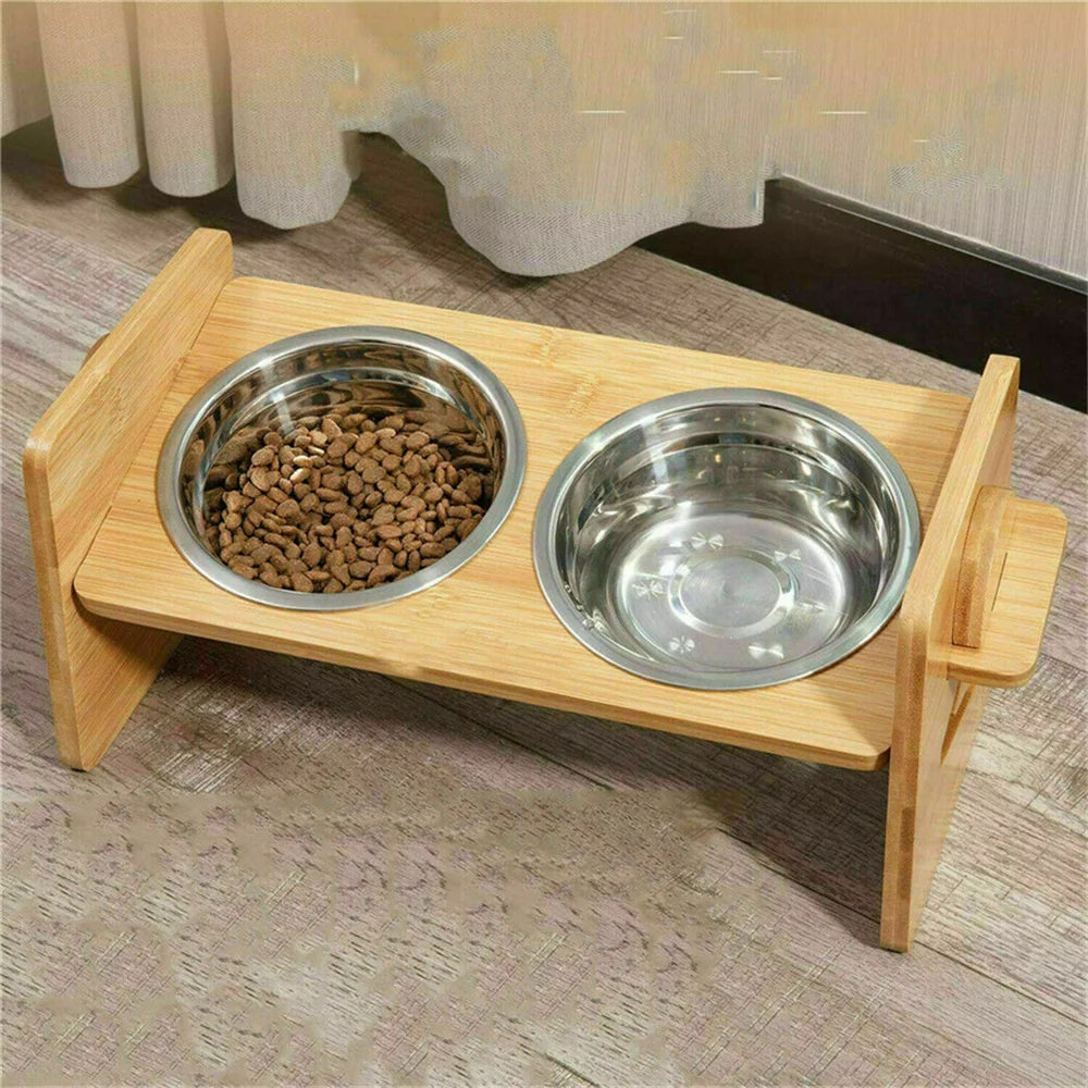 Adjustable Bamboo Dog Feeding Station With Steel Bowls