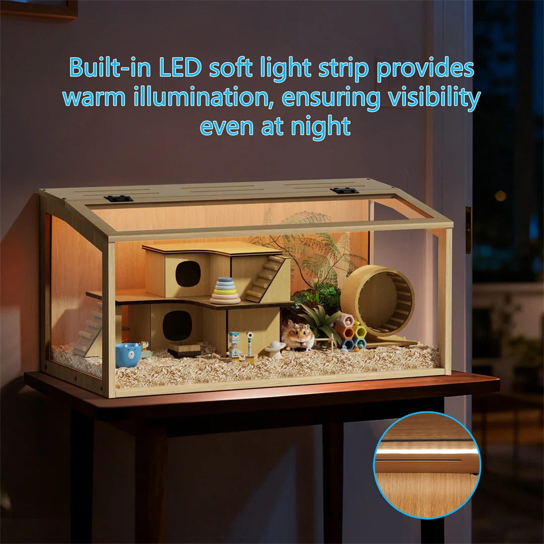 Wooden Hamster Cage With Glass Panels And LED Light