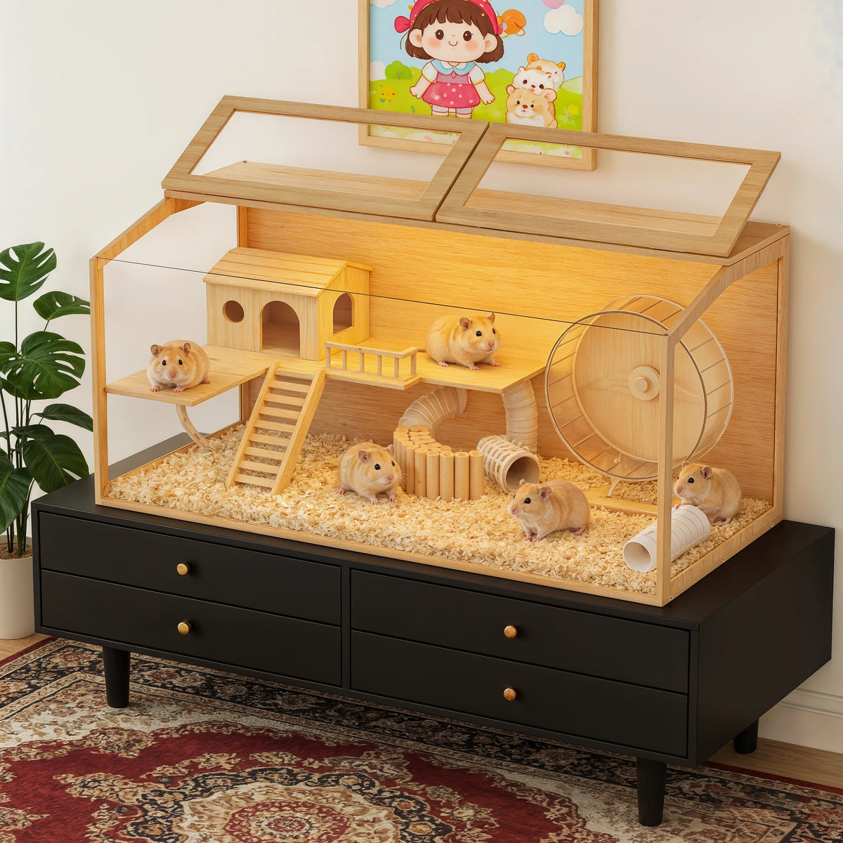Bingopaw Wooden Hamster Cage With Glass Lid