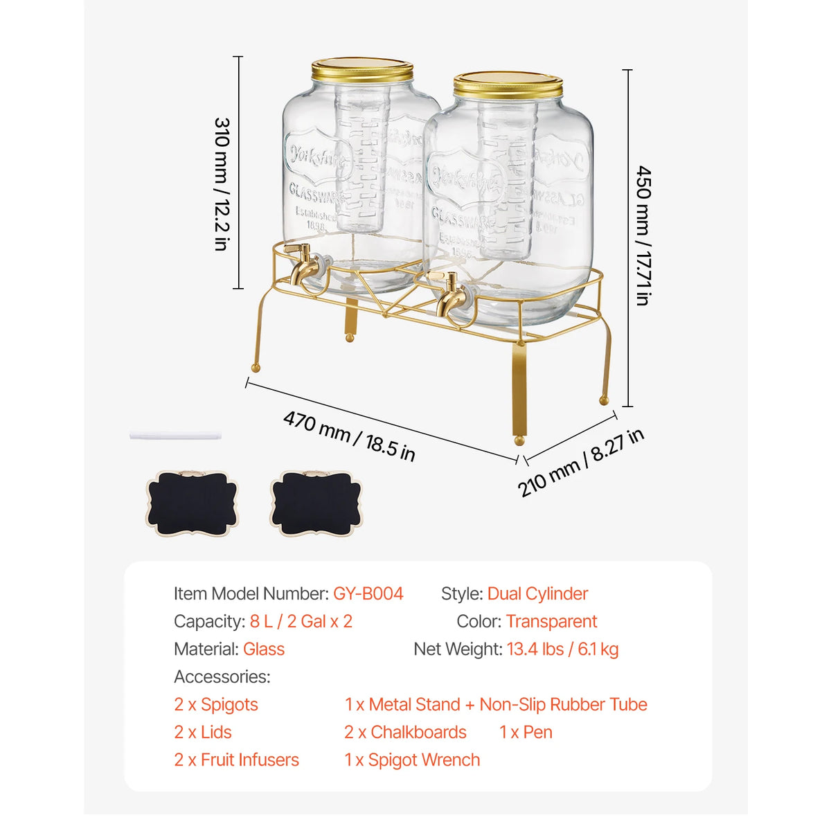SucceBuy Beverage Dispenser Drink Dispensers for Parties Glass Juice Dispenser with Wood Stand Lemonade Juice Water Dispensers