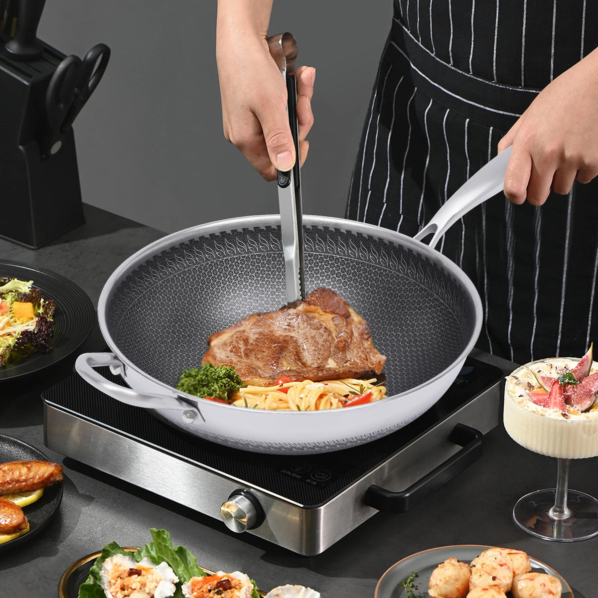 Bymaocar Stainless Steel Wok With Honeycomb Lid