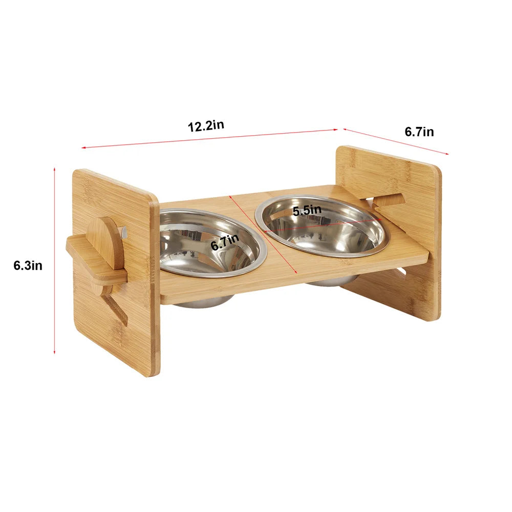 Adjustable Bamboo Dog Feeding Station With Steel Bowls