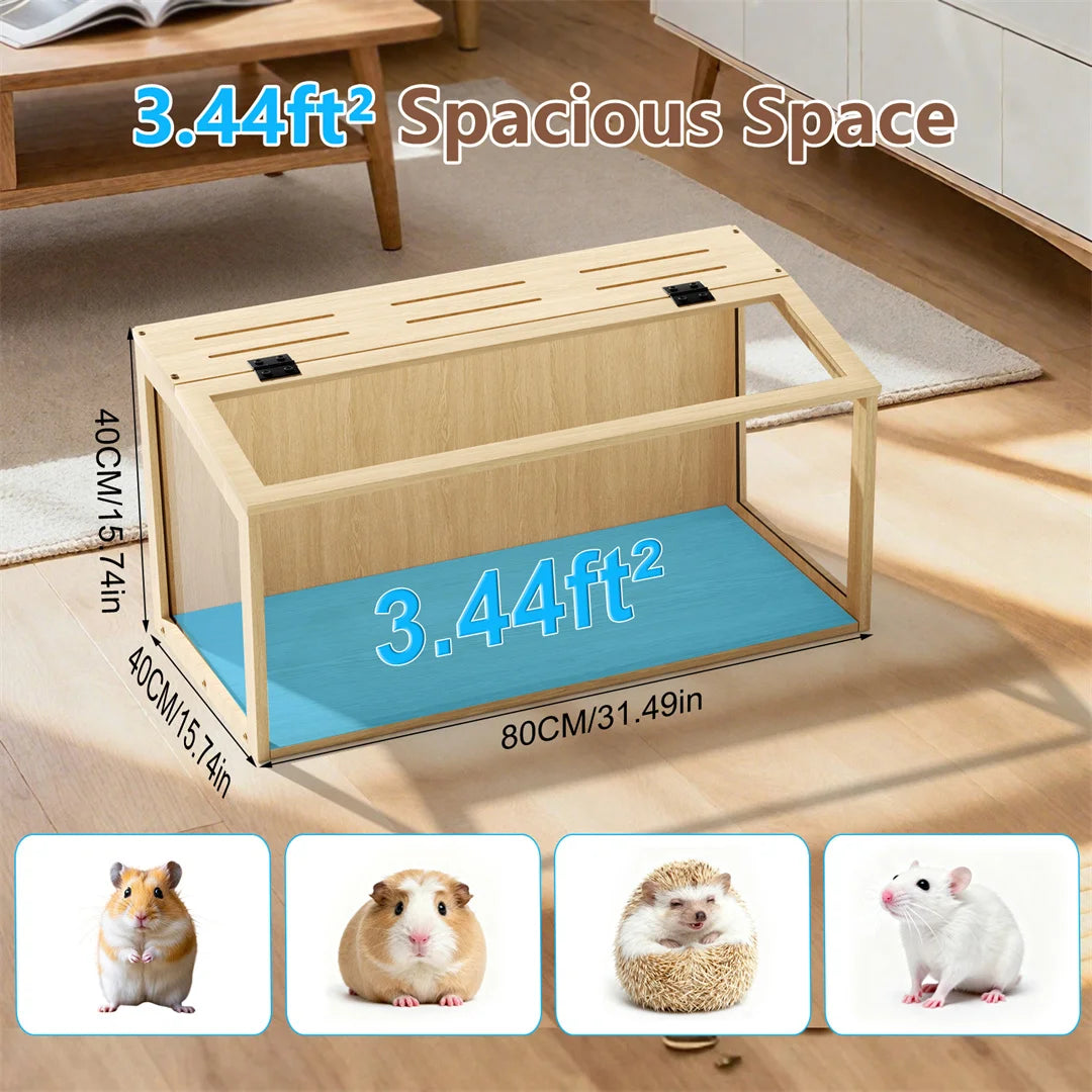 Wooden Hamster Cage With Glass Panels And LED Light