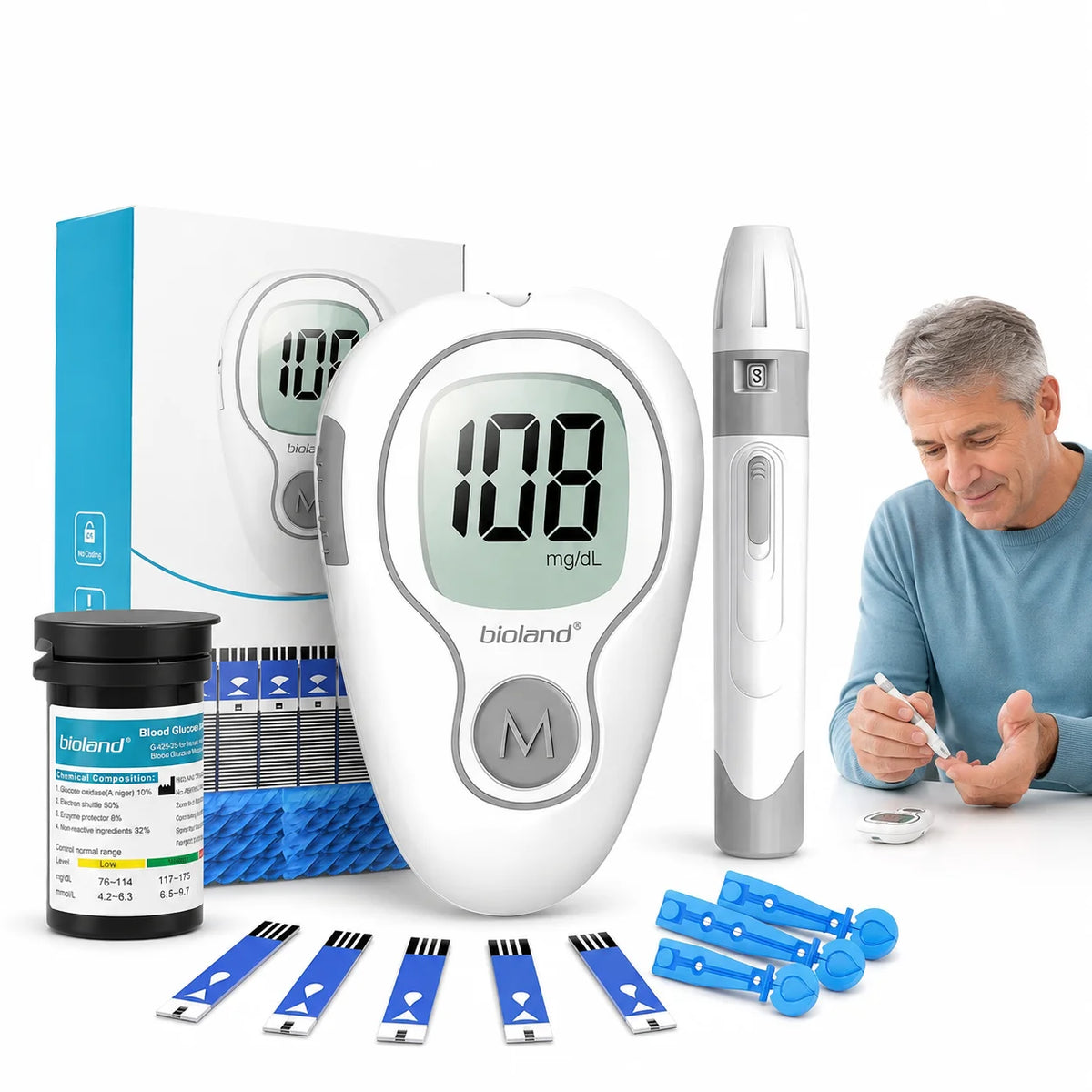 Blood Glucose Meter Kit Blood Sugar Monitor with Test Strips Lancets and Lancing Device Auto Coding 0.7μL Small Blood Sample 5 Second Fast Reading Large LCD Easy Strip Ejection Portable Home Testing Kit for Adults Seniors Da