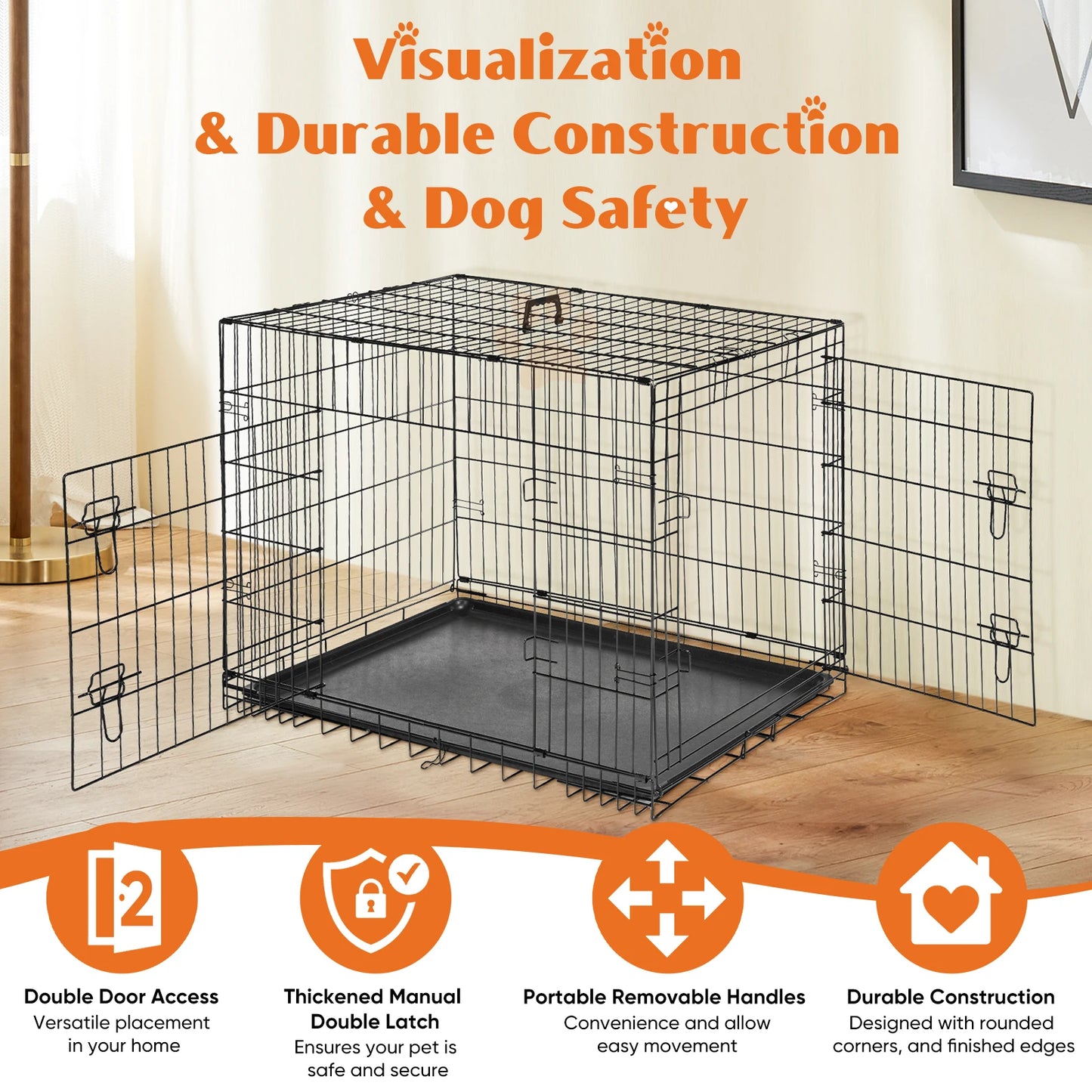 Jhk Double Door Metal Dog Crate With Leakproof Tray