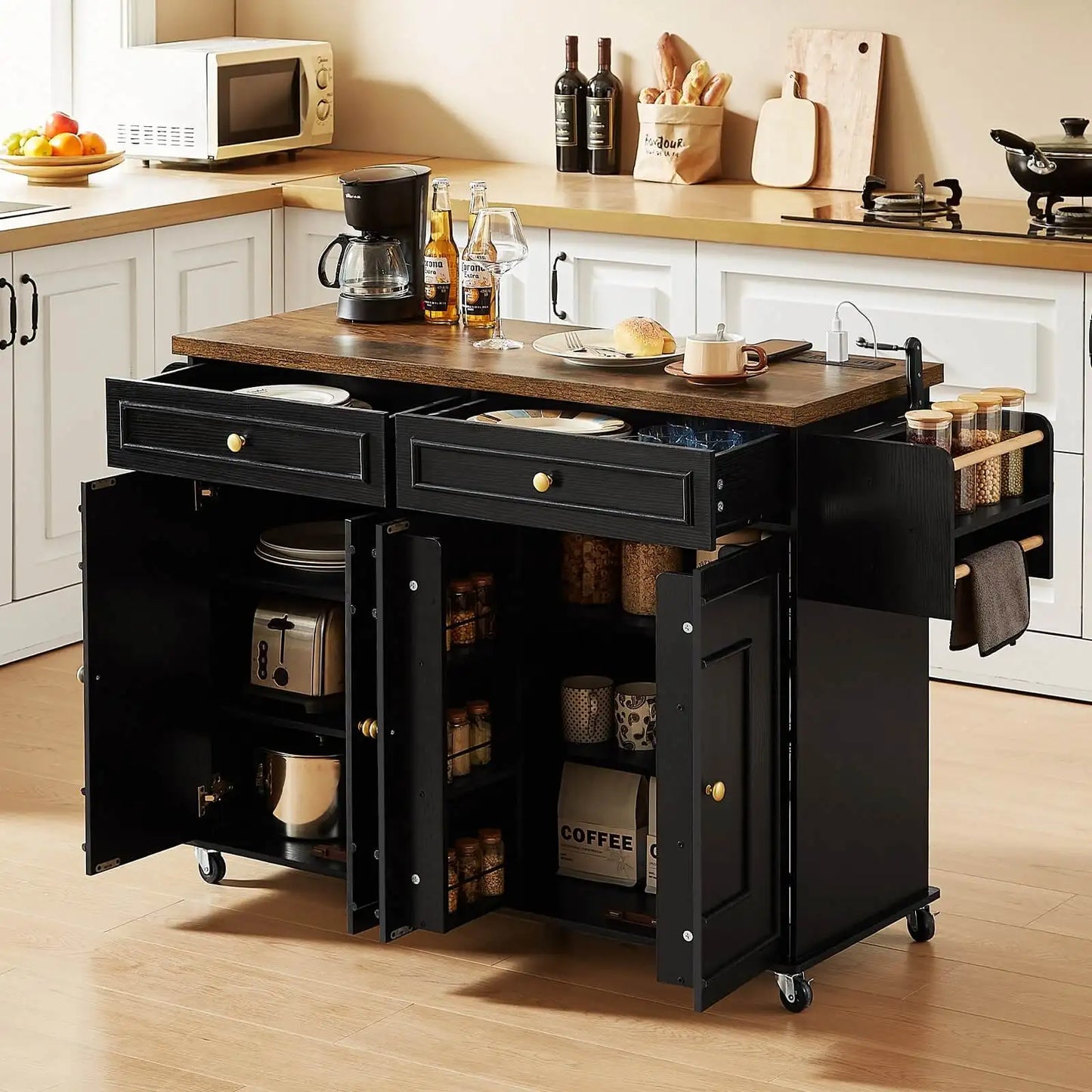 Rolling Wooden Kitchen Cart With Drop Leaf And Drawer