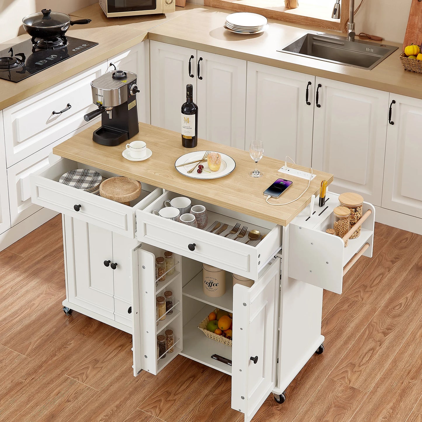 Rolling Wooden Kitchen Cart With Drop Leaf And Drawer