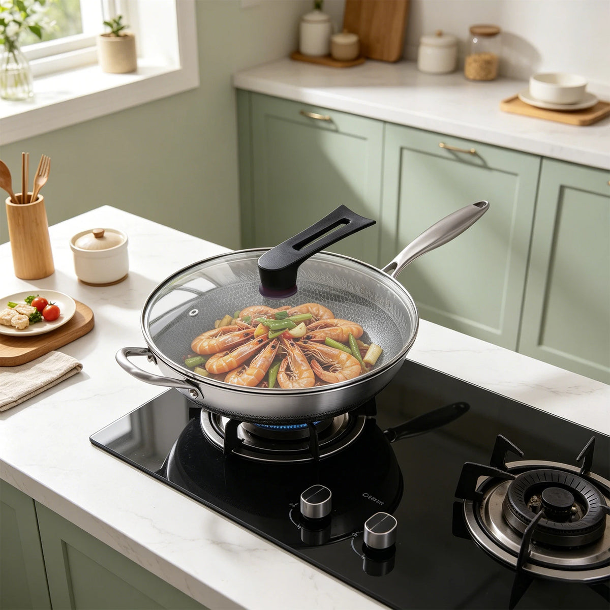 Bymaocar Stainless Steel Wok With Honeycomb Lid
