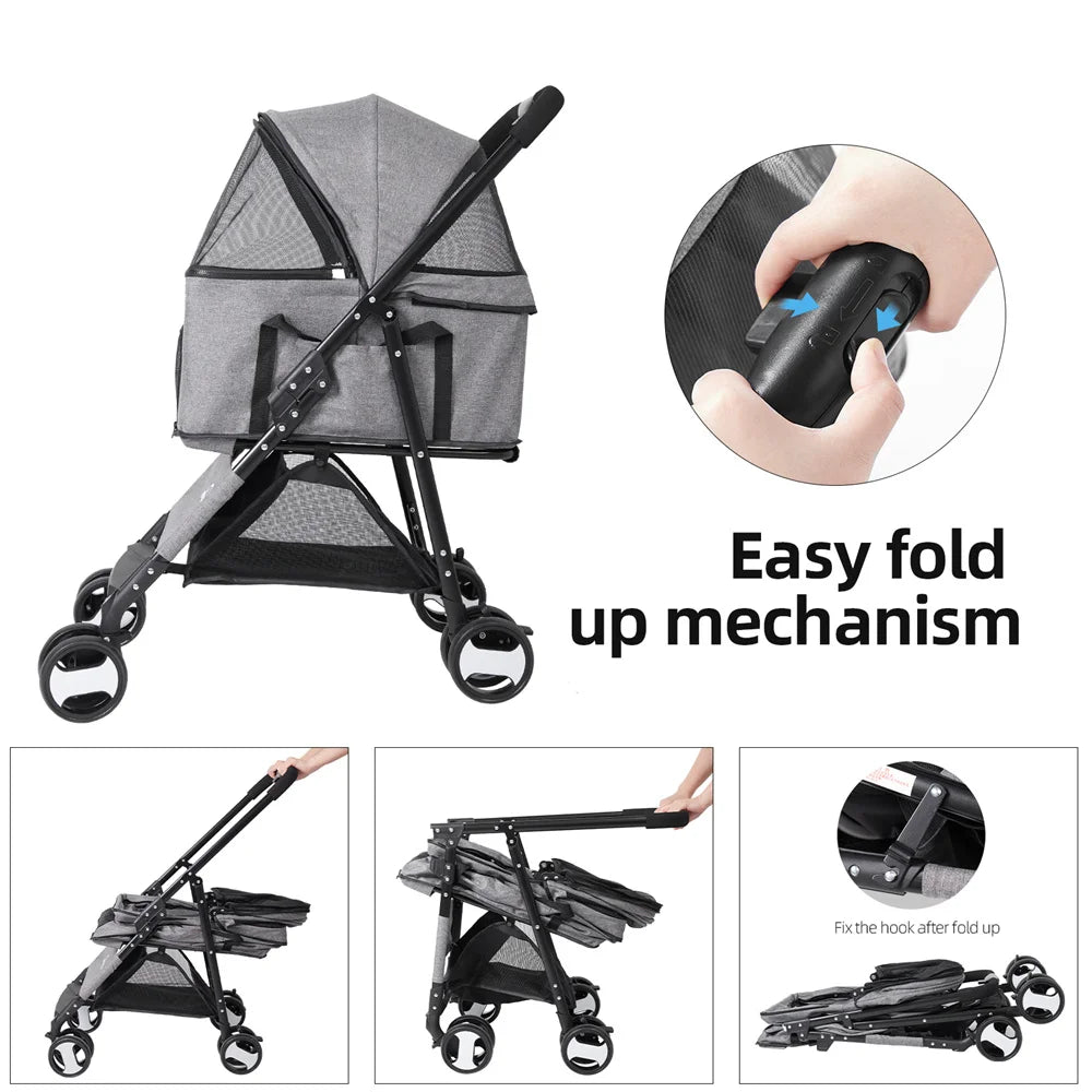 Foldable Pet Dog Stroller With Storage Basket
