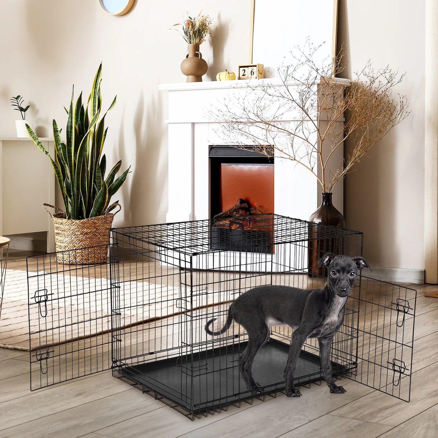Jhk Double Door Metal Dog Crate With Leakproof Tray