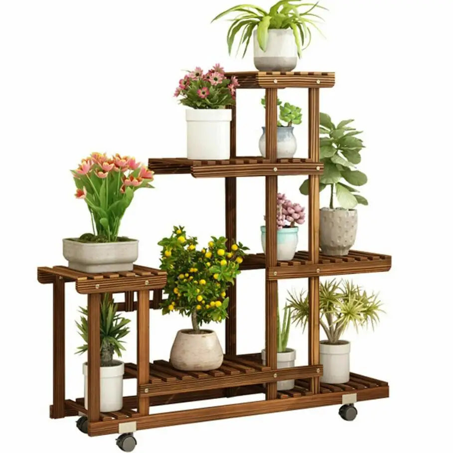 Wisfor Five Tier Wood Plant Stand With Wheels