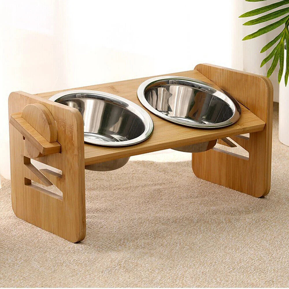 Adjustable Bamboo Dog Feeding Station With Steel Bowls