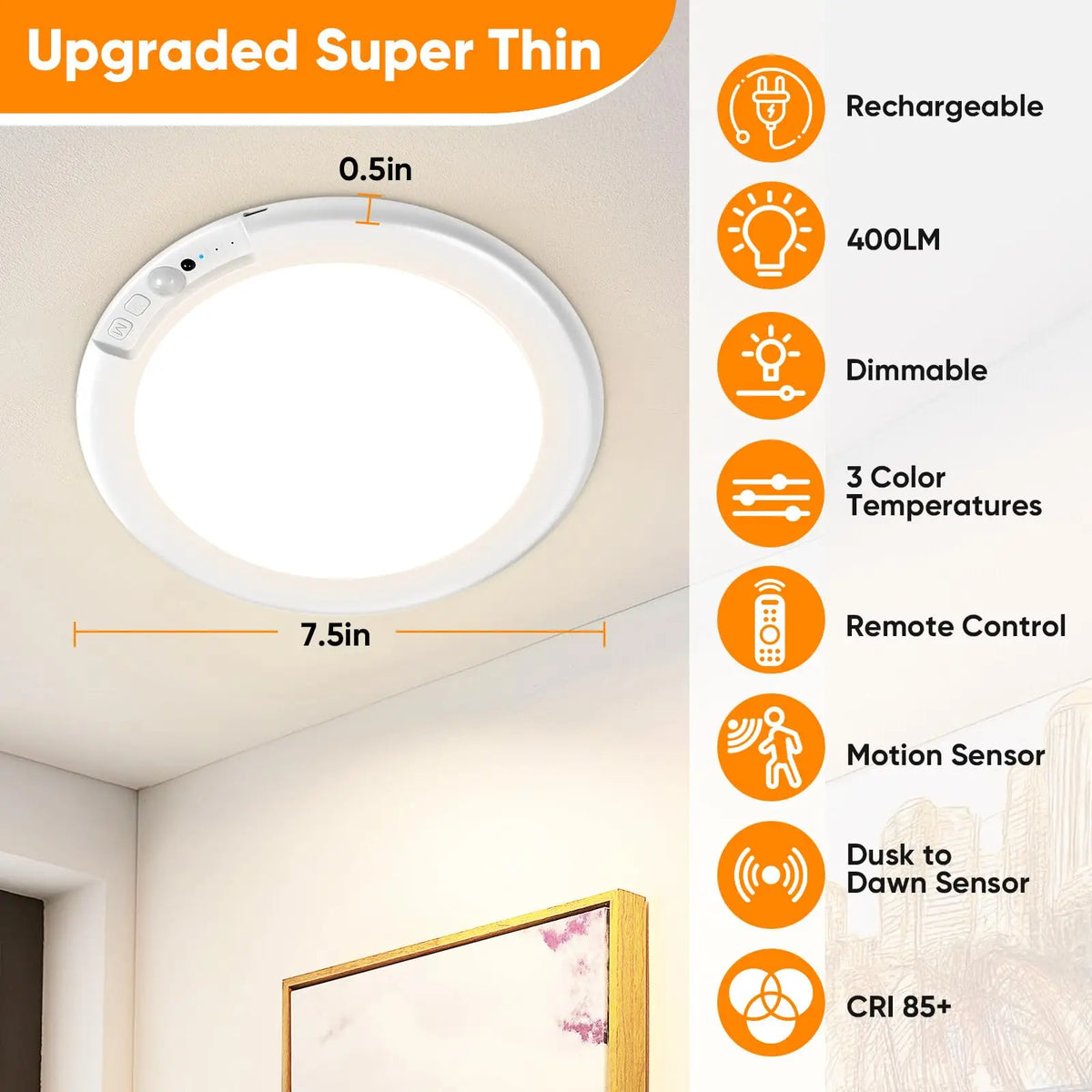 Rechargeable Motion Sensor Ceiling Light With Remote