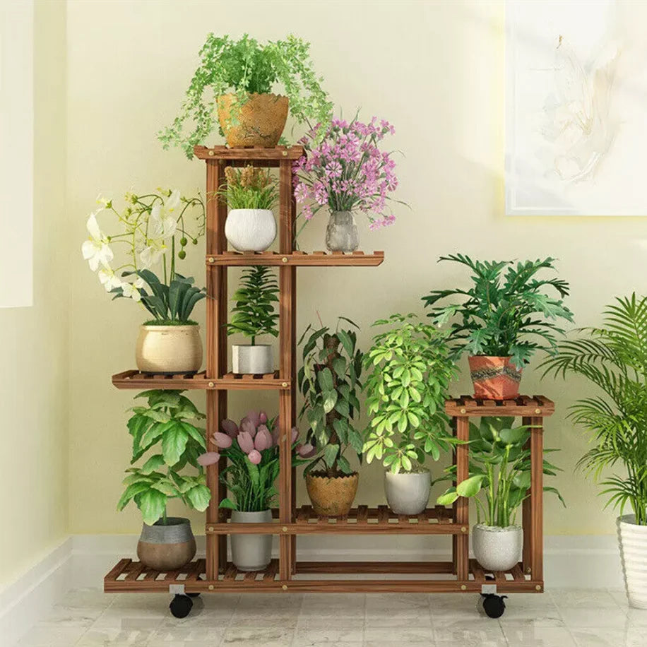 Wisfor Five Tier Wood Plant Stand With Wheels