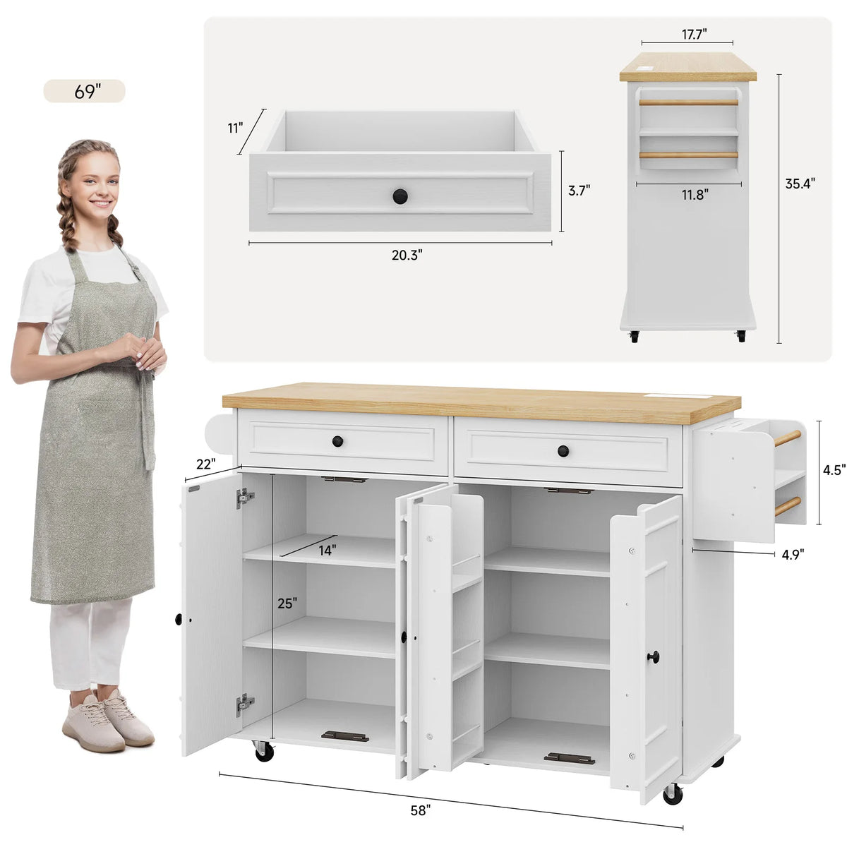 Rolling Wooden Kitchen Cart With Drop Leaf And Drawer