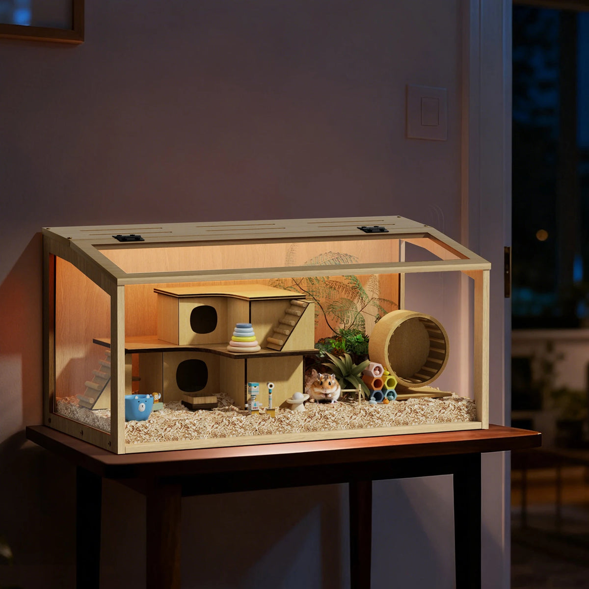 Bingopaw Wooden Hamster Cage With Glass Lid
