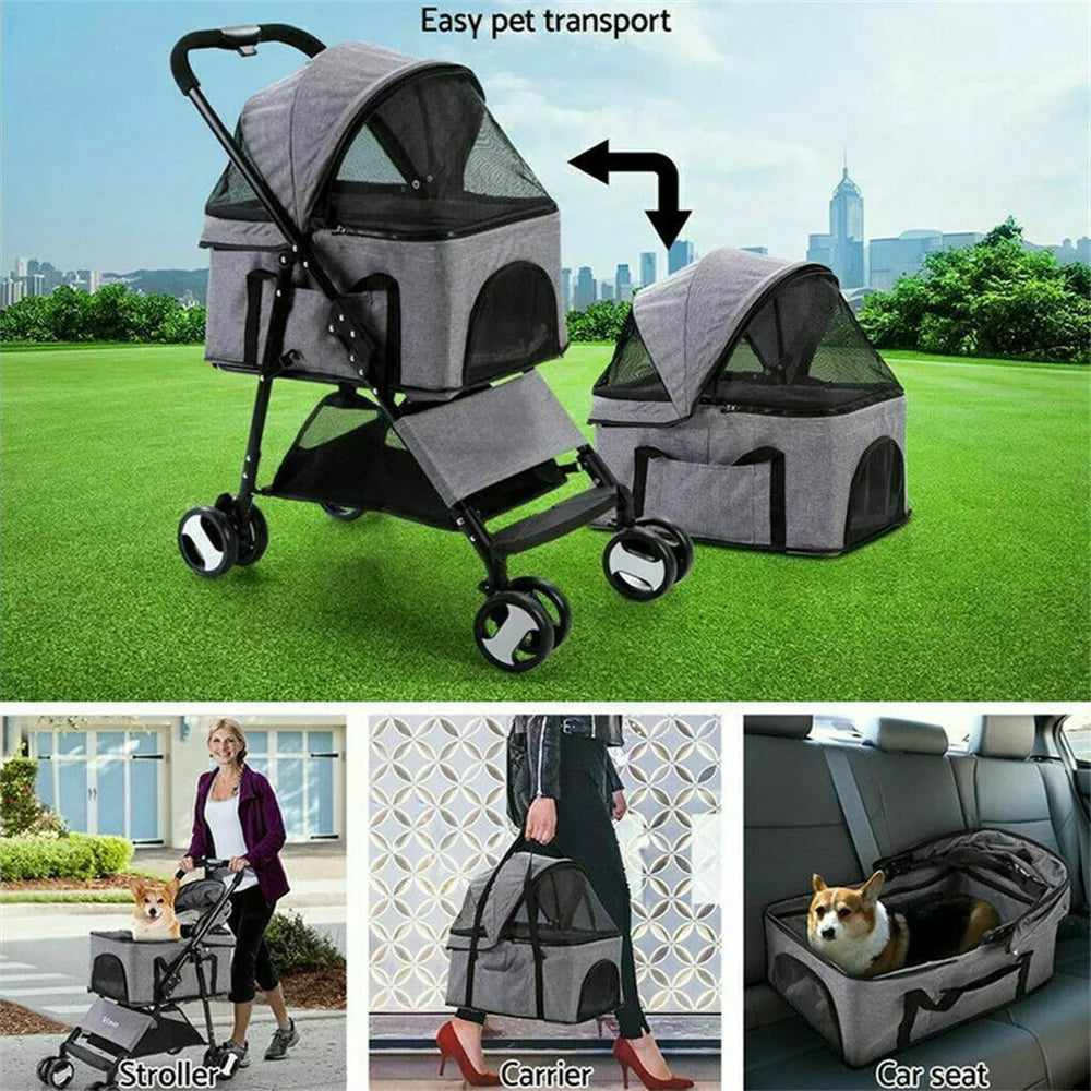 Foldable Pet Dog Stroller With Storage Basket
