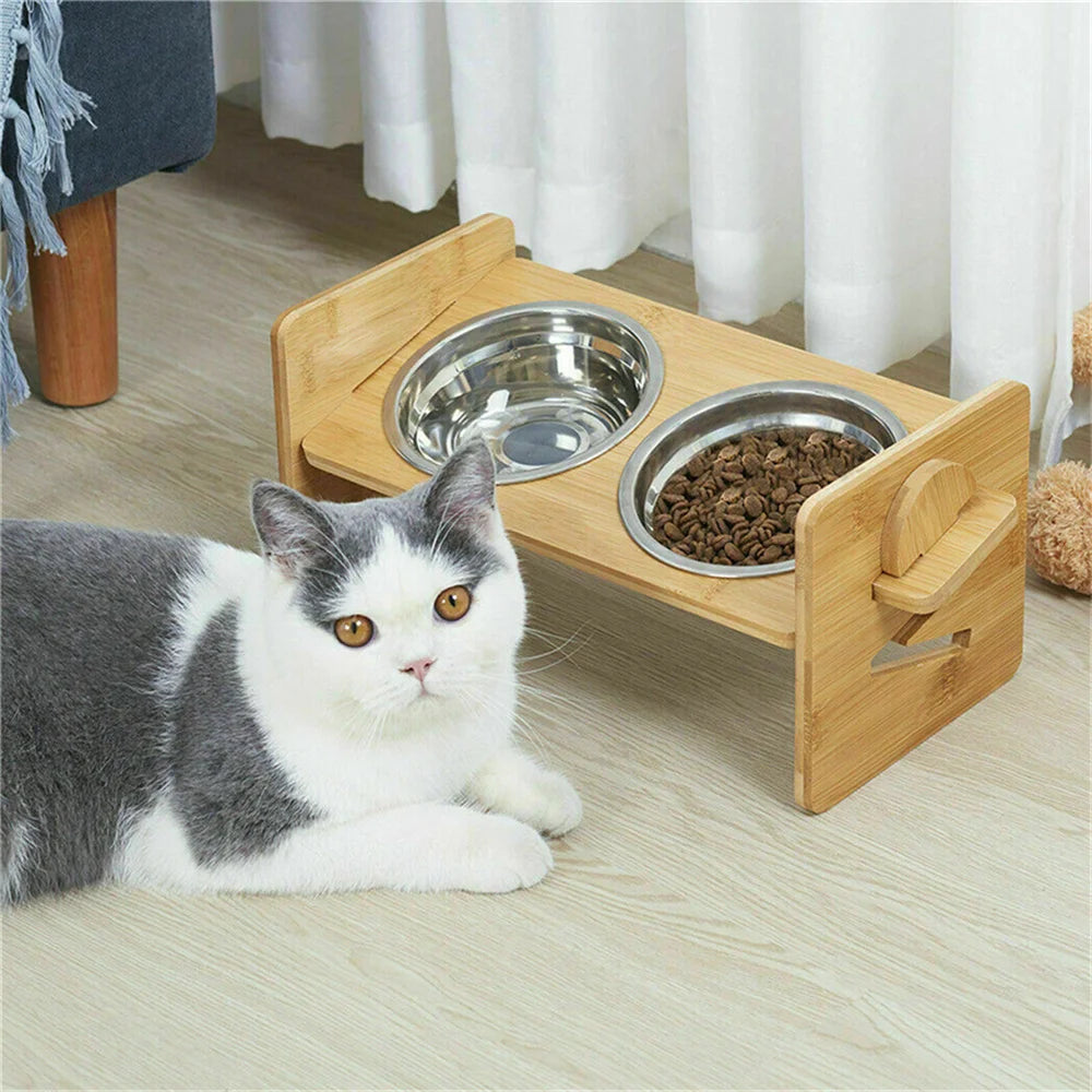 Adjustable Bamboo Dog Feeding Station With Steel Bowls