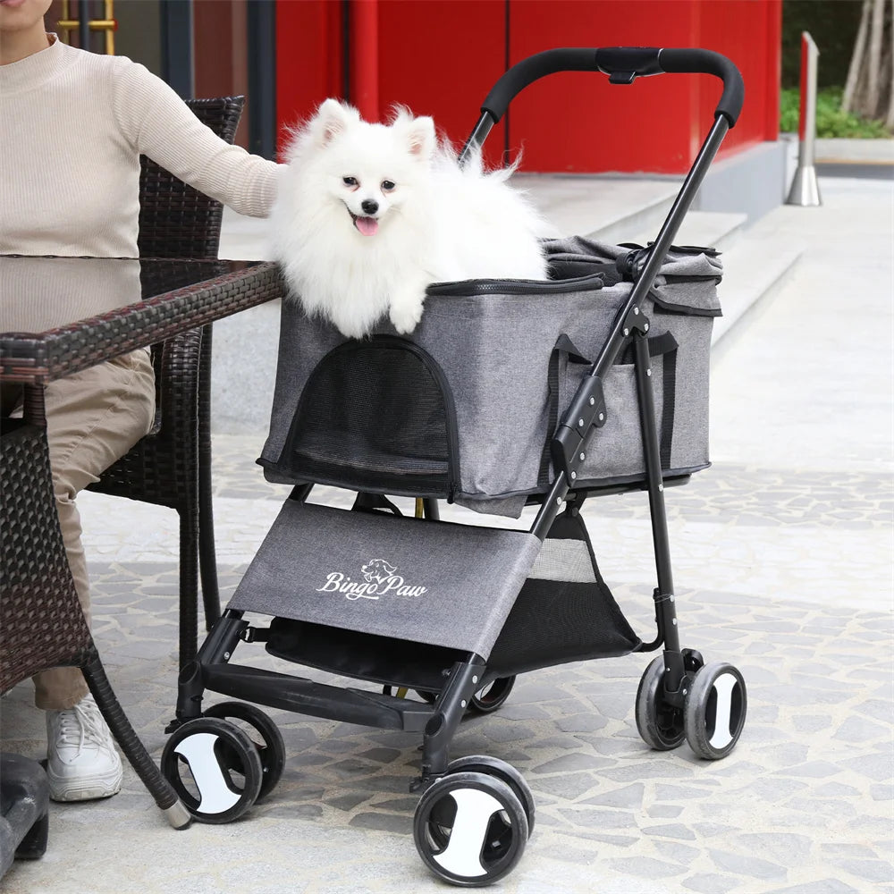 Foldable Pet Dog Stroller With Storage Basket