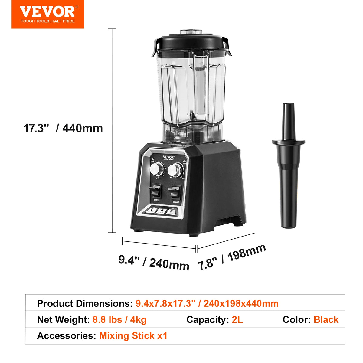 SucceBuy 2L Smoothie Blender Professional Countertop Fruit Food Processor Mixer Maker with Stainless Steel for Home Kitchen Bar