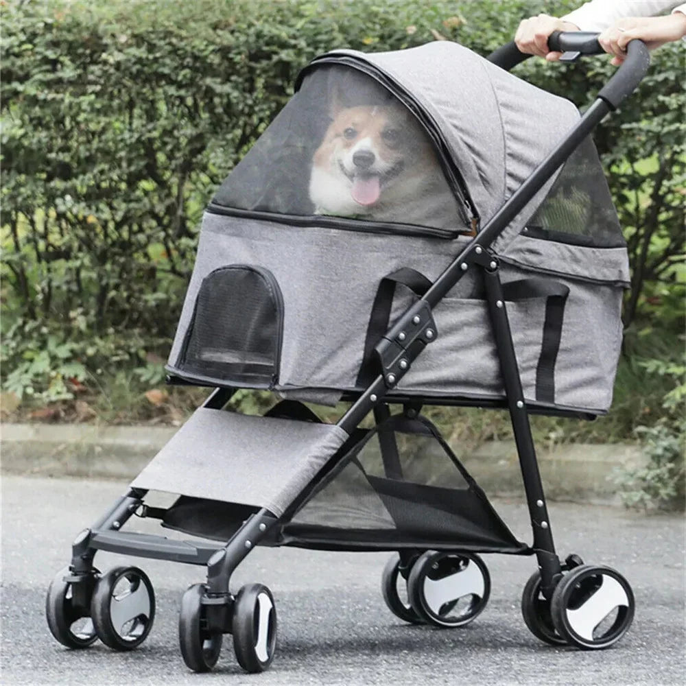 Foldable Pet Dog Stroller With Storage Basket