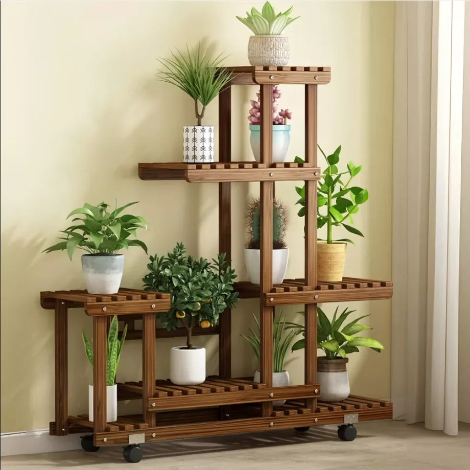 Wisfor Five Tier Wood Plant Stand With Wheels
