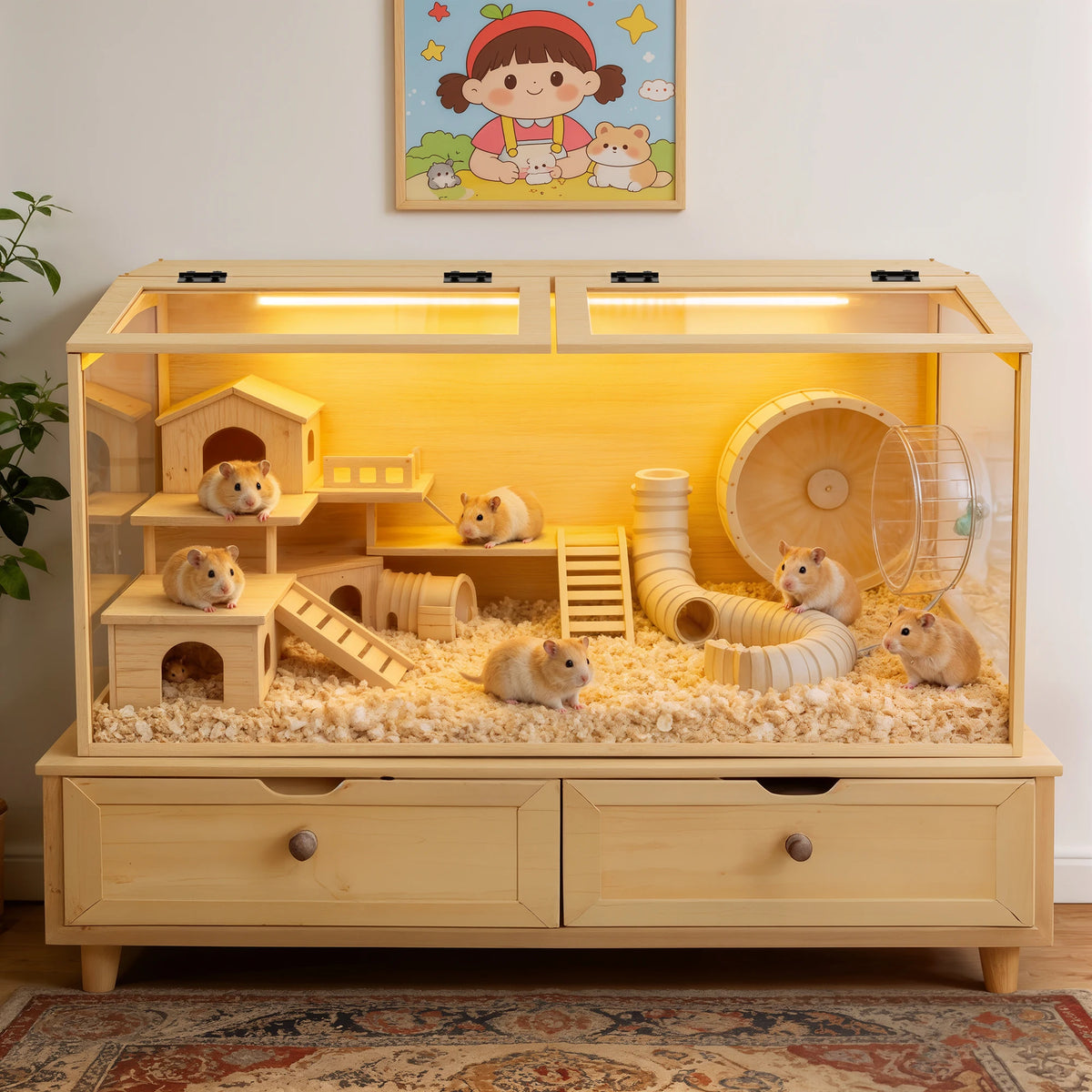 Bingopaw Wooden Hamster Cage With Glass Lid