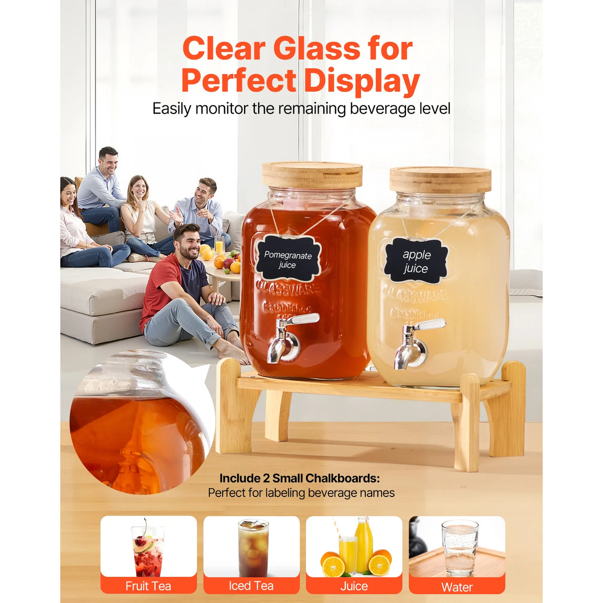 SucceBuy Beverage Dispenser Drink Dispensers for Parties Glass Juice Dispenser with Wood Stand Lemonade Juice Water Dispensers